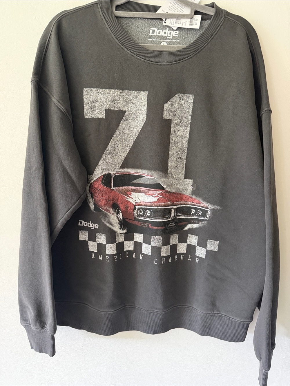 Dodge Women's Gray Graphic Sweatshirt with Red Car Print